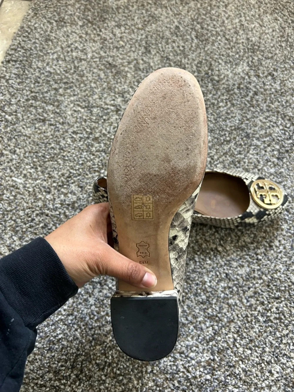 Tory Burch Snake-Print Logo Ballet Flats in Black & Cream with Gold Medallion